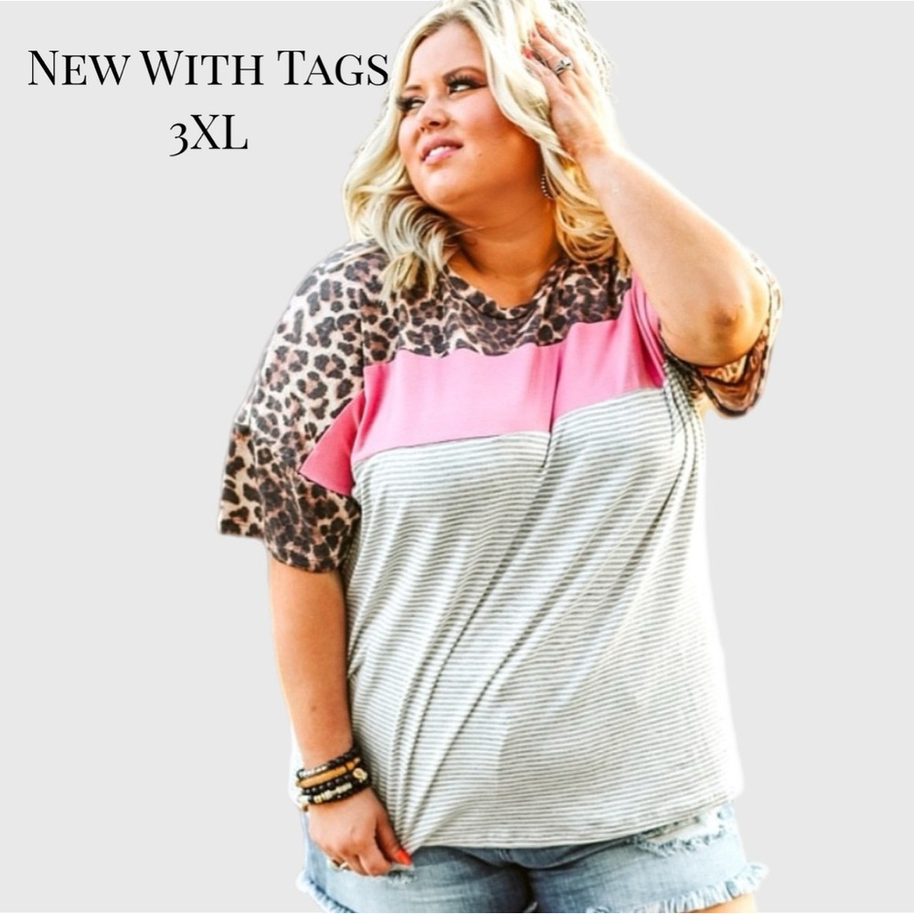 NWT Glitzy Girlz Let You Go Leopard Pink Color Block T-shirt 3XL